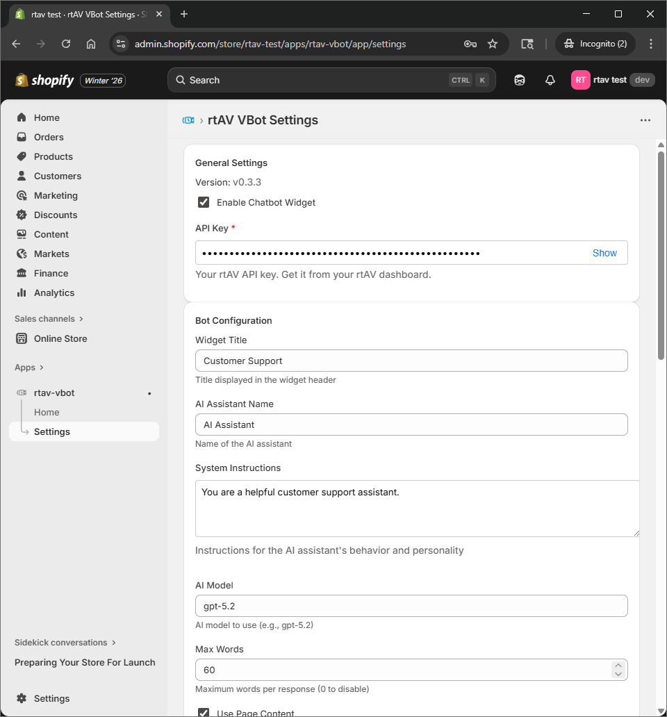 rtAV Video Chat Bot Shopify app settings page